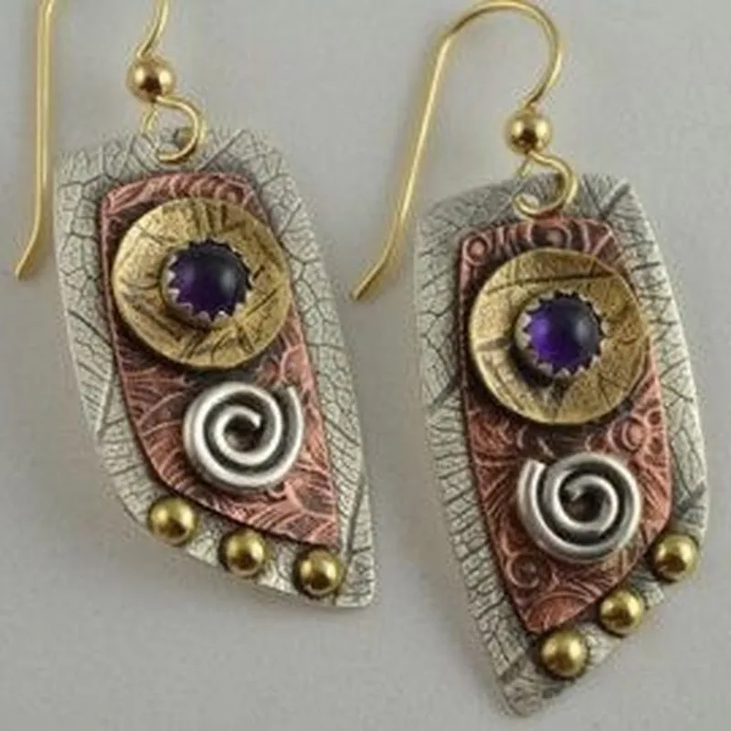 

Fashion Earrings, Gold and Silver, Leaf Texture, Embedded Purple Gemstones, Zinc Alloy Metal, Vintage Jewelry Women，gifts, Party