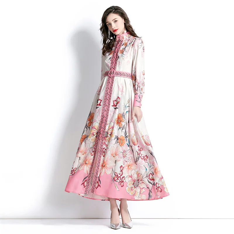 

Женское винтажное платье с цветочным принтом, однобортное длинное платье с воротником-стойкой и поясом, Повседневное платье во французском стиле, G763, весна-лето