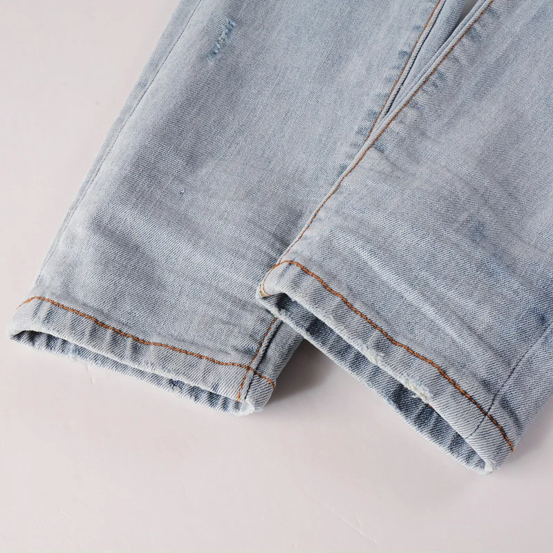 High Street Fashion Men Jeans Retro Light Blue Elastic Ripped Jeans Men Buttons Fly Stretch Skinny Trousers Hip Hop Brand Pants