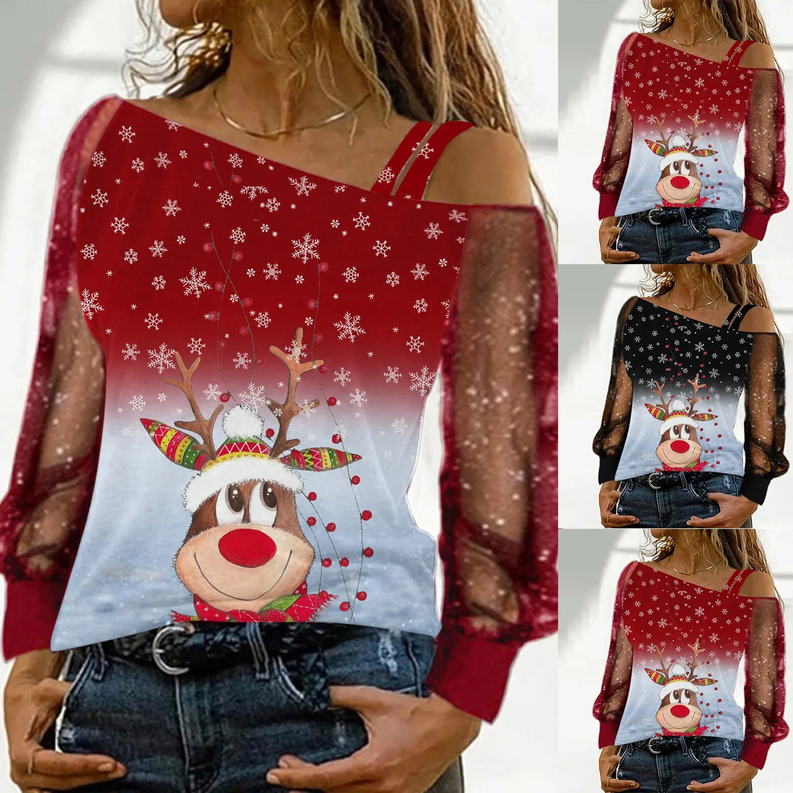 

Женские рубашки, женские рубашки, женские модные повседневные рубашки с рождественским принтом, с открытыми плечами и длинным рукавом, женс...