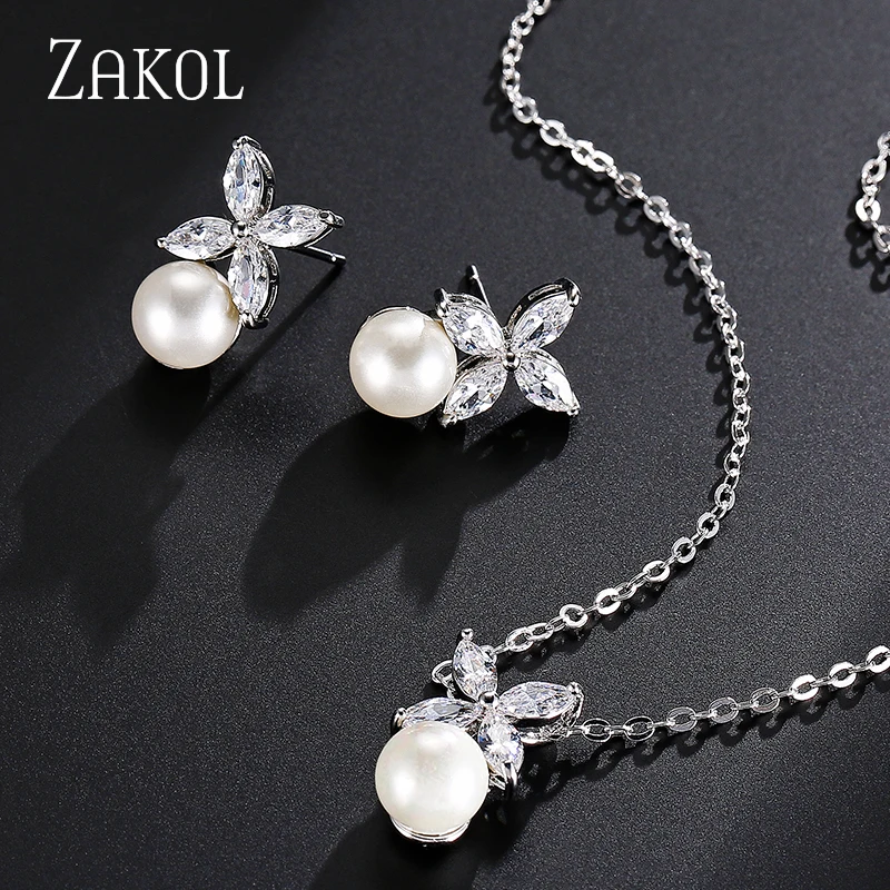 

ZAKOL Trendy Leaf Crystal Cubic Zircon Pendant Necklace Earrings Set for Women Fashion Simulated Pearl Bridal Jewelry FSSP293