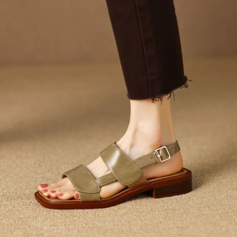 

Сандалии женские в римском стиле, элегантная мягкая кожа, квадратный носок, открытый носок, Повседневная летняя обувь, высокий каблук, 2023