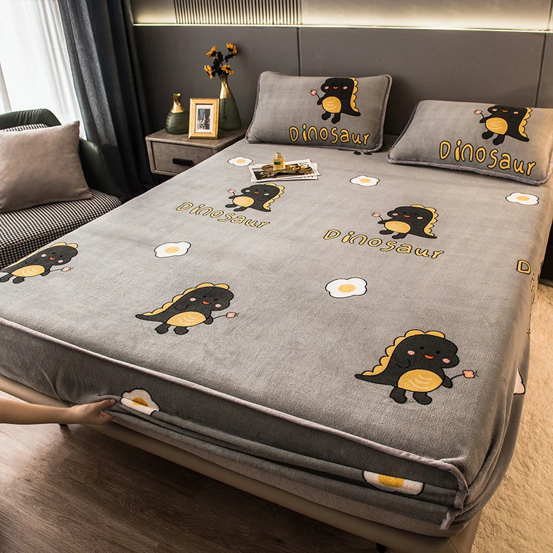

Winter Warm Cartoon Dinosaur Flannel Elastic Band Fitted Sheet Mattress Protector Cover Super Soft King Queen Size Bed Sheet