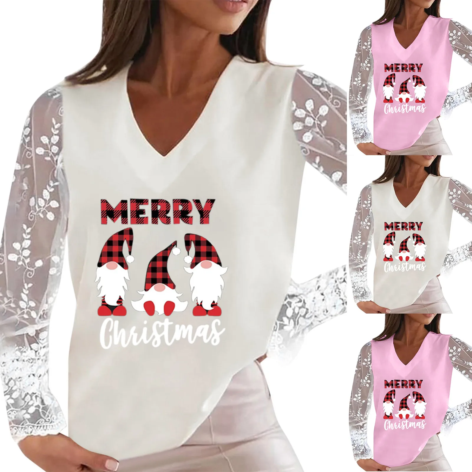 

Christmas Shirt For Womens Hollow Out Long Sleeve V Neck Pullover Lace Casual Loose Shirt Tshirt Lace Tops Women's Athletic Tops