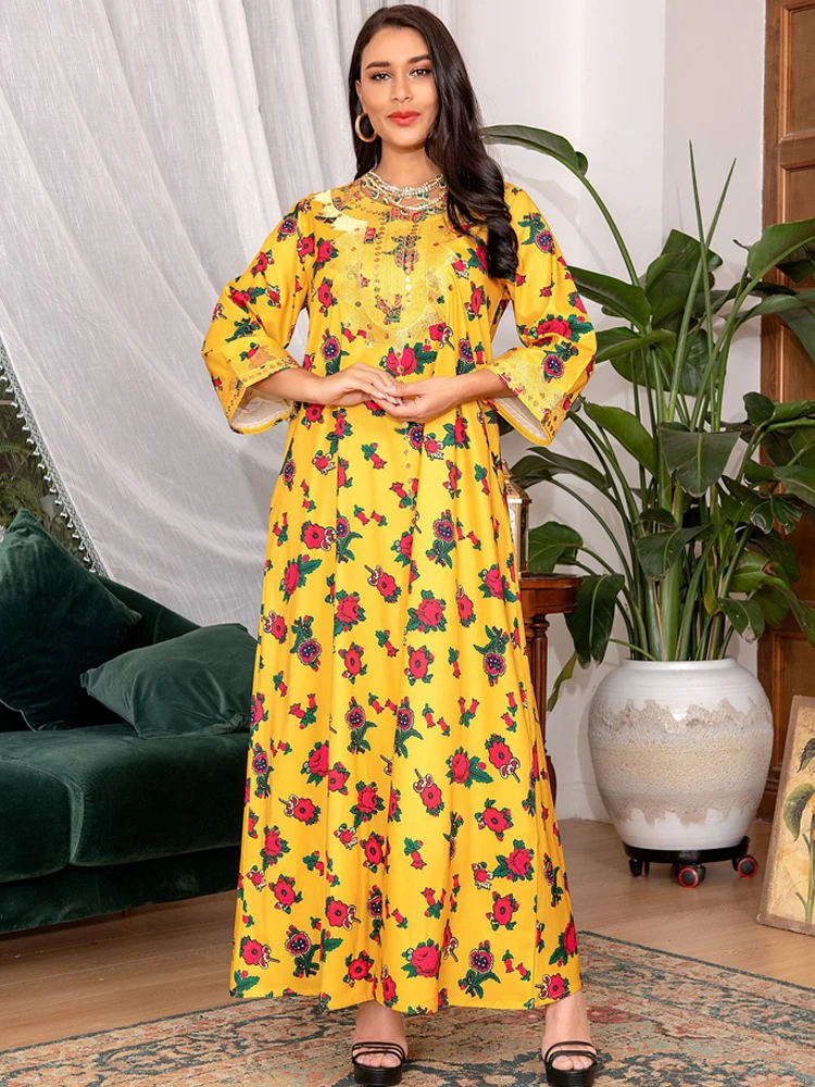 Женское платье с цветочной вышивкой Jalabiya, арабское Платье с принтом, Арабская Марокканская вечерняя вечеринка, кафтан, мусульманский Рамад...