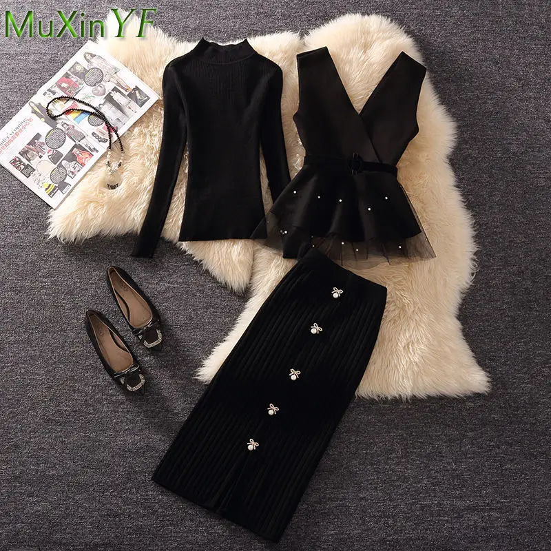 

Women's Slim Balck Clothing Set Autumn Winter Lady Graceful Mesh Vest Sweater Wrap Hips Midi Skirts Outfits Fashion Joker Suit