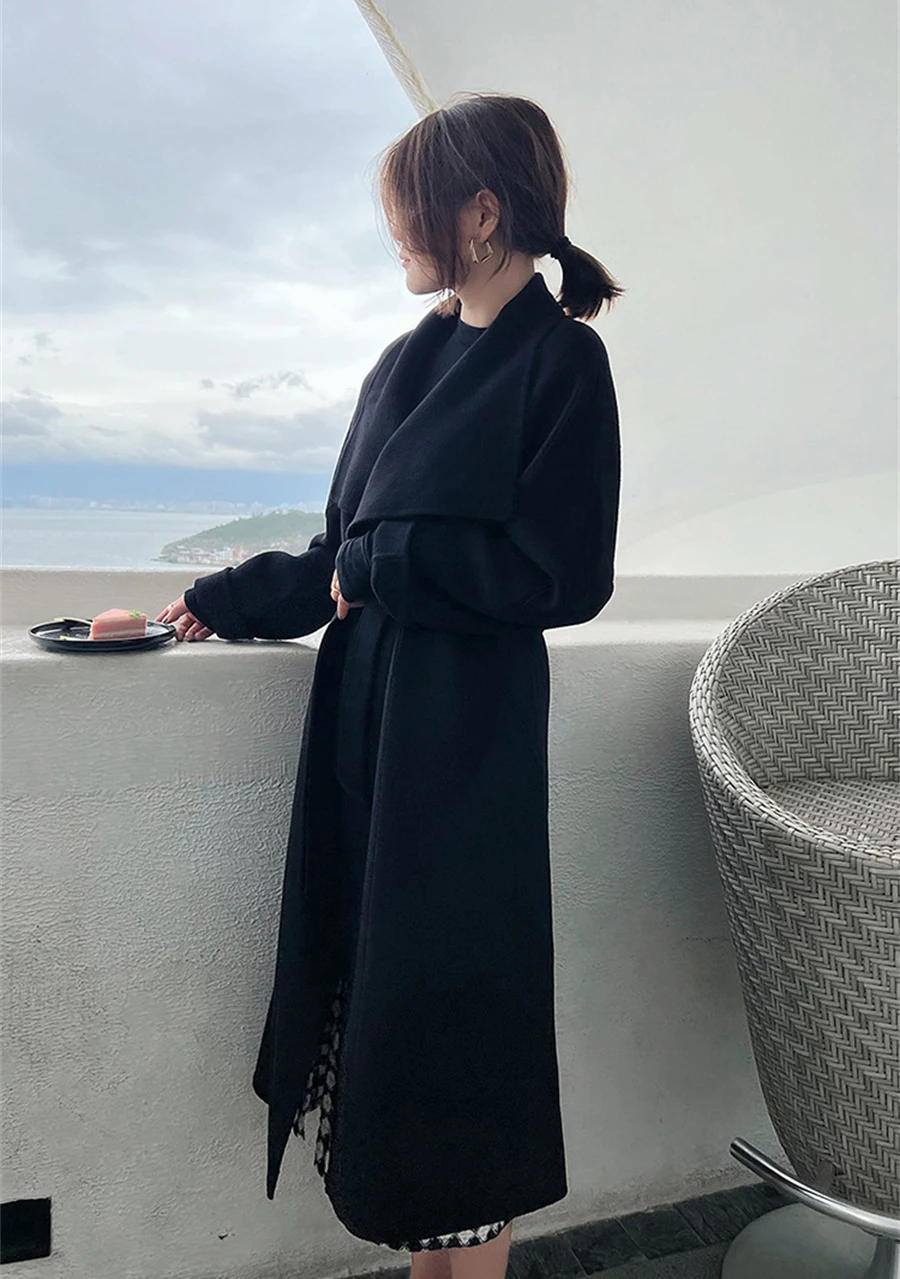 

New Women Woolen Long Coat Winter Side Slit Big Turn-down Collar Warm Jacket Camel Black Grey Color Mid-Length Outwear Tops