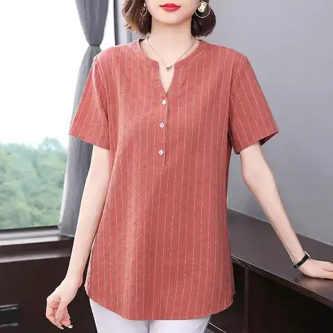 Woman Elegant Blouses Summer Short Sleeve T-Shirt Cotton V-Neck Pullover Button Solid Loose Fashion Casual Striped Tops