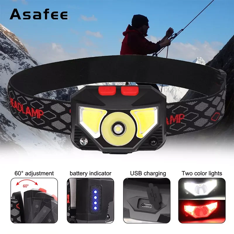 Headlamp USB Rechargeable LED Motion Sensor Flashlight With Red Light 6 Modes Waterproof Light with built-in battery