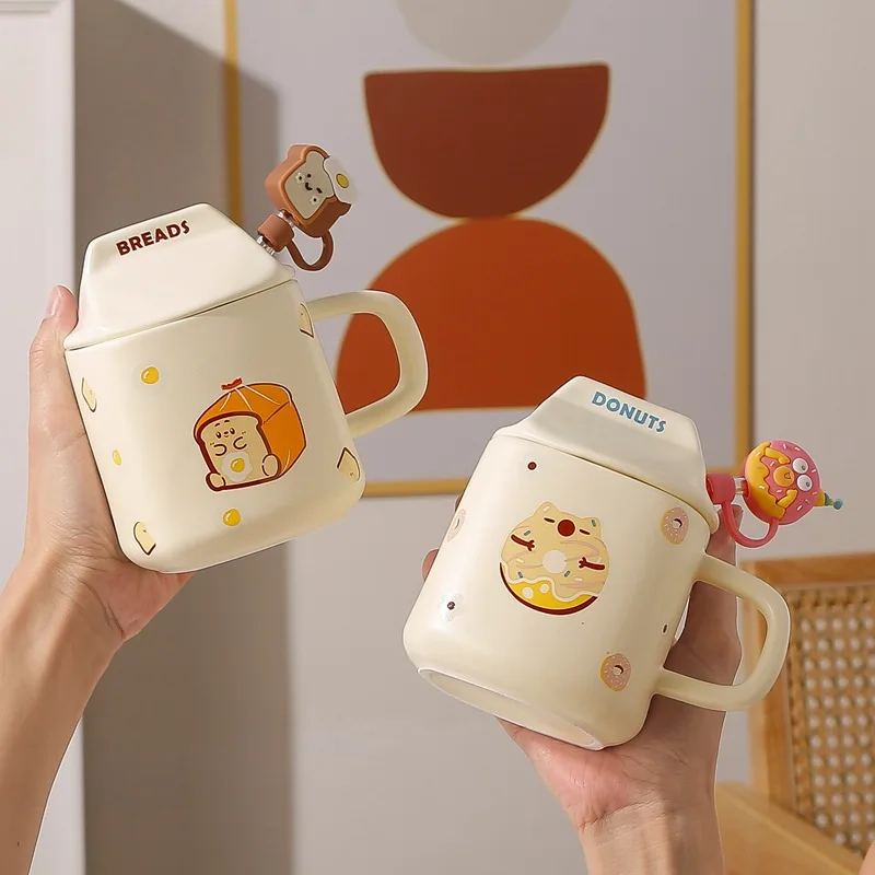 

450ML Kawaii Creative Korean Ceramic Mug Cute Girl Cartoon Straw Mug Breakfast Milk Coffee Cup