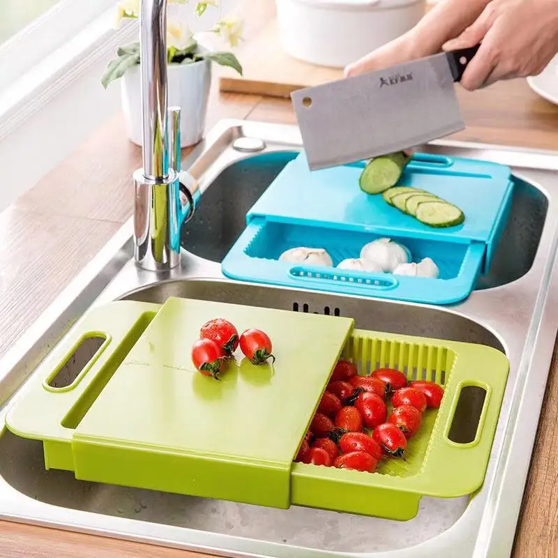 

2022 Multifunction Kitchen Plastic Vegetables Fruits Cutting Board Chopping Board With Storage Drawer Drain Basket