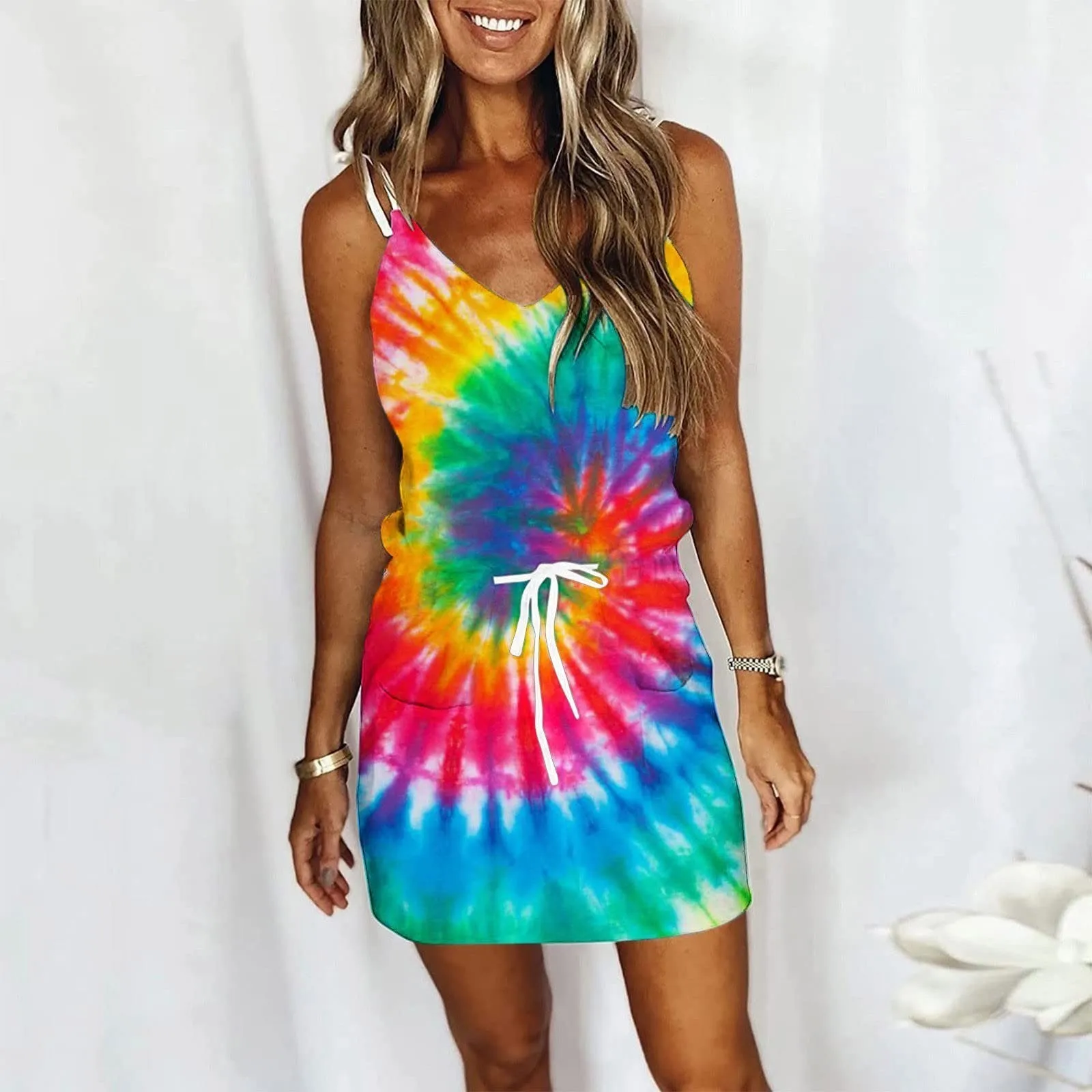 

Женский сарафан на бретелях-спагетти, свободное пляжное мини-платье без рукавов с винтажным принтом и V-образным вырезом, лето 2022