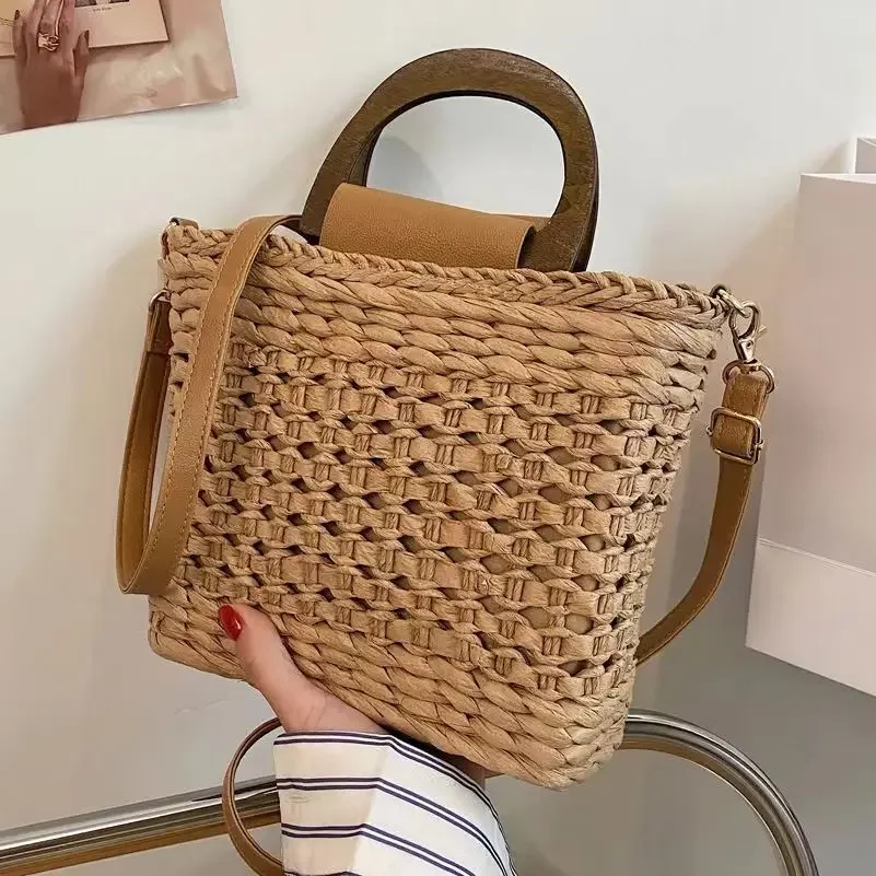 Соломенная Сумка-лаффия для женщин сетка через плечо отдыха с внутренней молнией