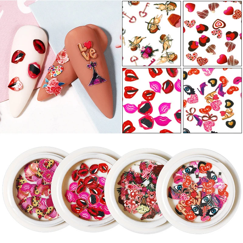 

Valentine's Day Manicure Nail Sequins Wood Pulp Rose Kiss Lipstick Flower Butterfly Flowers Nail Art DIY 3D Nail Stickers Decals