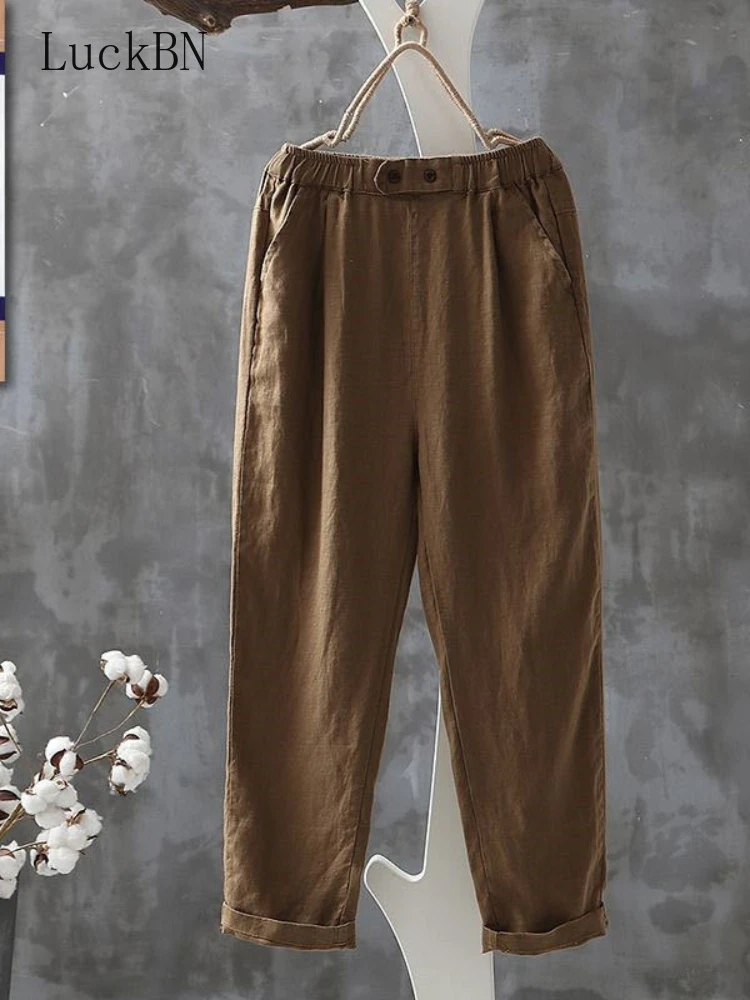 

Casual Pants Women Summer Cotton Button Elastic Waist Ankle-length Basic M-4XL All-match Simple Chic Harem Trousers Female 2022