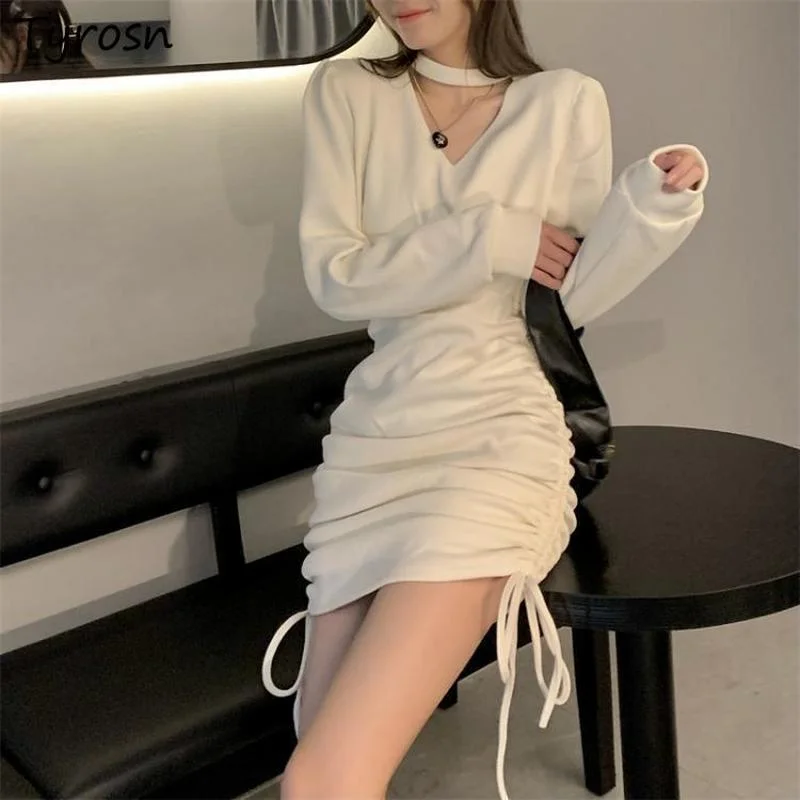 

Women V-neck Dress Long Sleeve Ladies Shirring Waist-Tight Elegant Above Knee Black Dresses New Spring Stylish Sexy Versatile OL