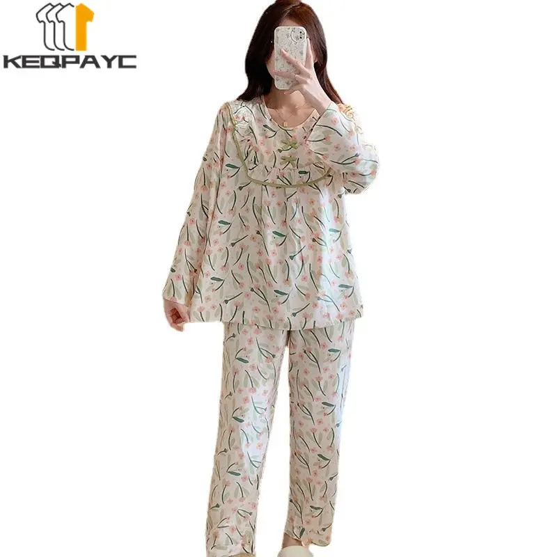 New 2023 Spring Autumn Women's Long Sleeve Thin Pajamas Sleepwear Women Sweet Cartoon Loungewear Casual Nightwear Clothing Sets