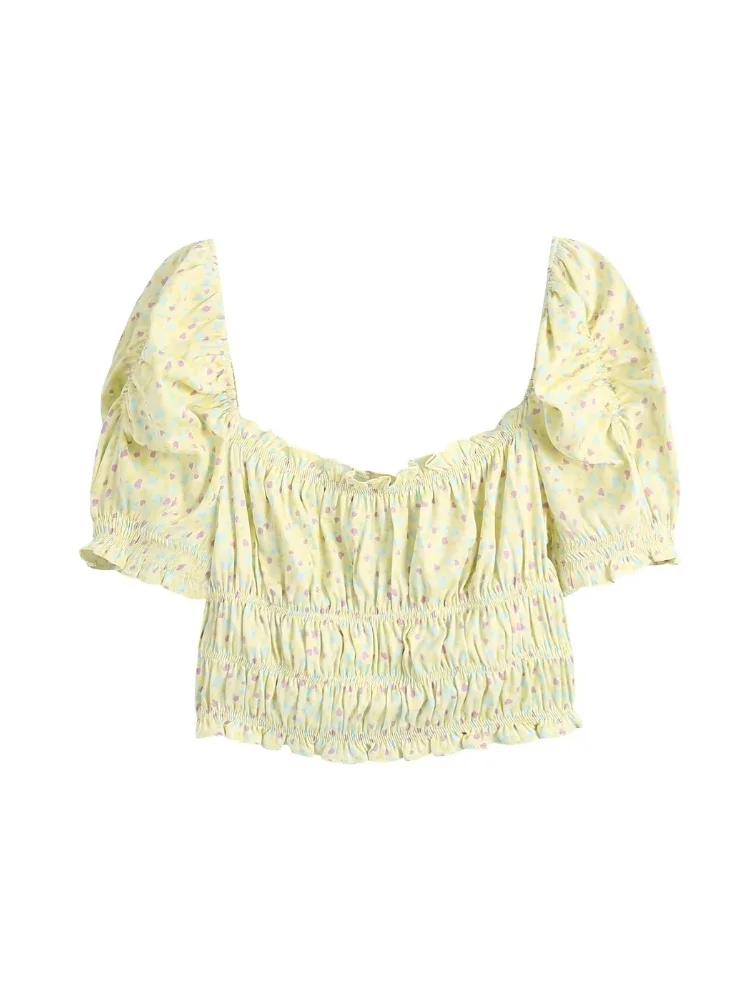 

2022 Summer Women Fashion With Print Shirring Short Blouses New Puff Sleeves Square Collar Ruffles Sweet Female Tops