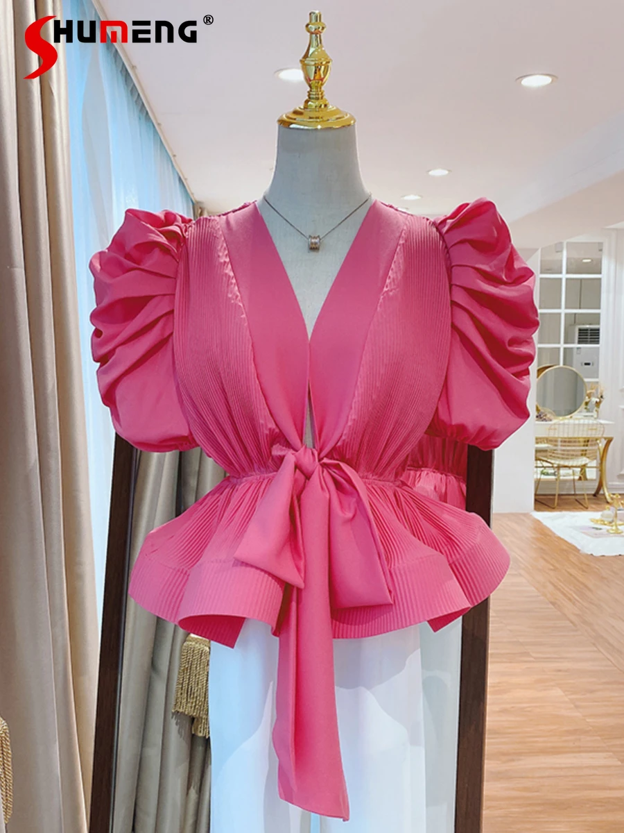 

2022 Summer New Female Fashion Retro Puff Sleeve V-neck Shirt Women Sweet Elegant 3D Ruffled Tied Slim Waist Pleated Blusas Top