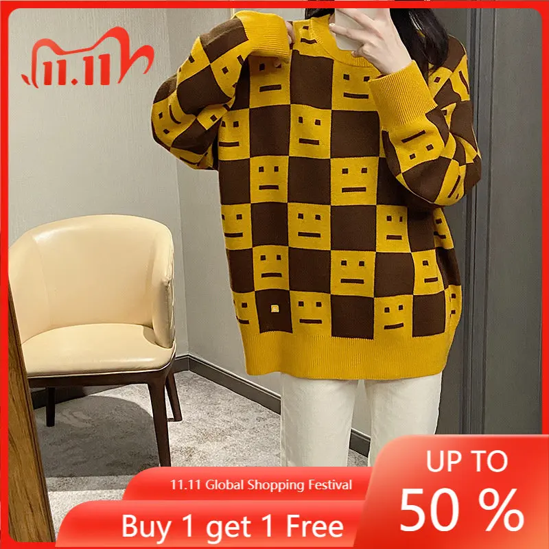 

High Quality Korean Style Chessboard Checker Smiling Face Knitted Sweater Loose Long Sleeve Knitted Shirt Coat Fashion Unisex