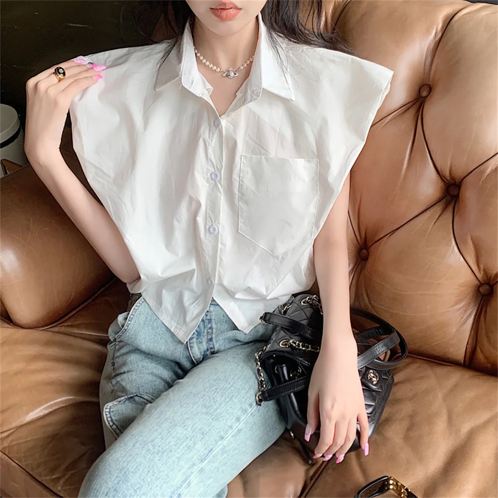 PLAMTEE White Sleeveless Shirts Loose Hot Slim Women 2022 High Waist Casual Work Wear Fashion OL High Street Summer Tops