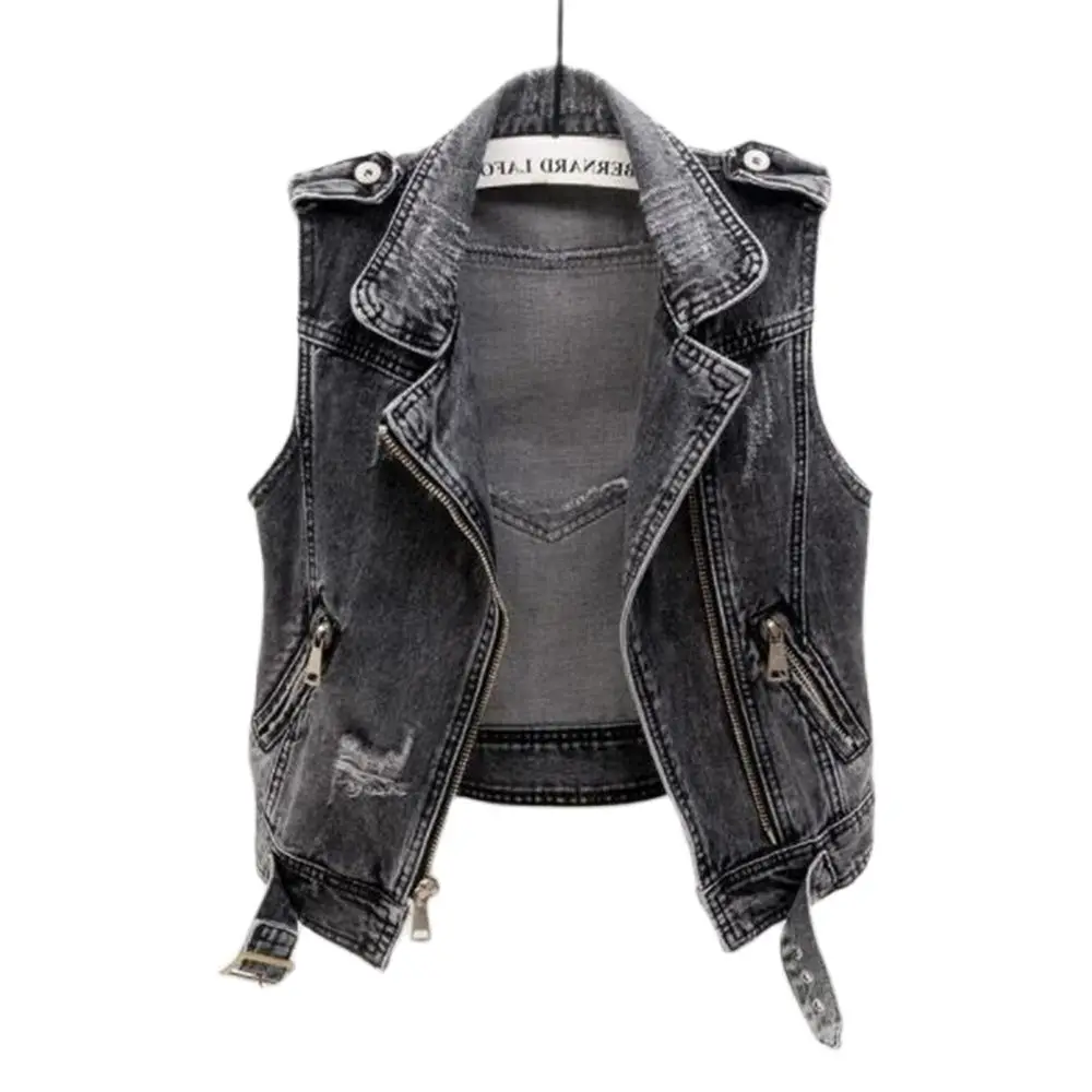 

Dack Gray Denim Vest Female Spring Autumn Sleeveless Wild Tops Blue Short Jacket Women Stone Grinding Zipper Jean Waistcoat Hole