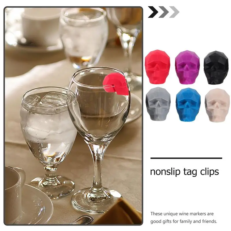 6 Pcs Reusable Label Clips Silicone Tag Nonslip Wine Glass Charms Skull Marker |