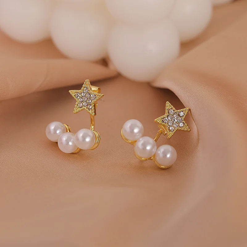 

S925 Silver Needle Korean Retro Simple Temperament Back Hanging Pearl Rhinestone Star Stud Earrings for Women Female Jewelry