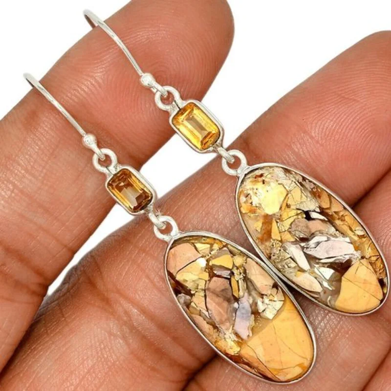 

Boho Ethnic Yellow Stone Gemstone Drop Hook Earrings Jewelry 925 Silver Needle Marbling Pattern Pendant Women's Party Earrings