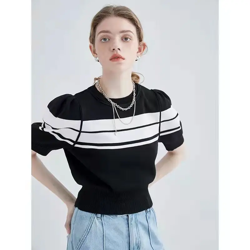 

Vintage Streetwear Sexy Girl Contrast Puff Sleeve Knitted Crop Tops Woman Tshirts Summer Plus Size Korean Fashion Office Ladies