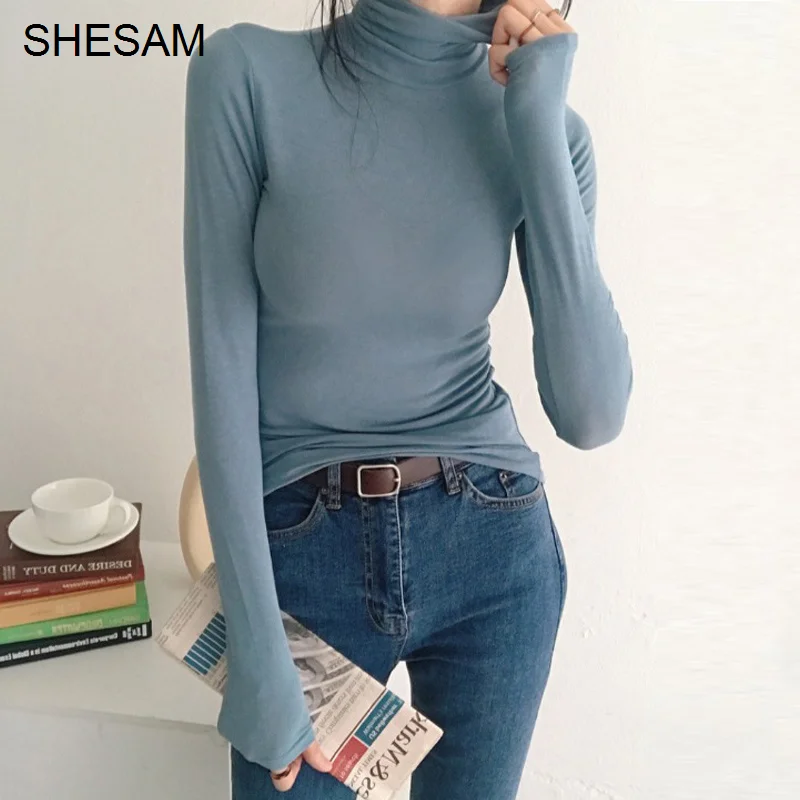 

Women Bottom T-shirt Korean Chic Autumn And Winter Style Slim Fit Elastic Thin Color Long Sleeve High Neck Bottomed Shirt