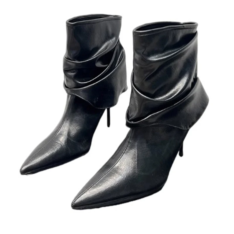 Сексуальные ботильоны на высоком каблуке с острым носком кожаные плиссированные