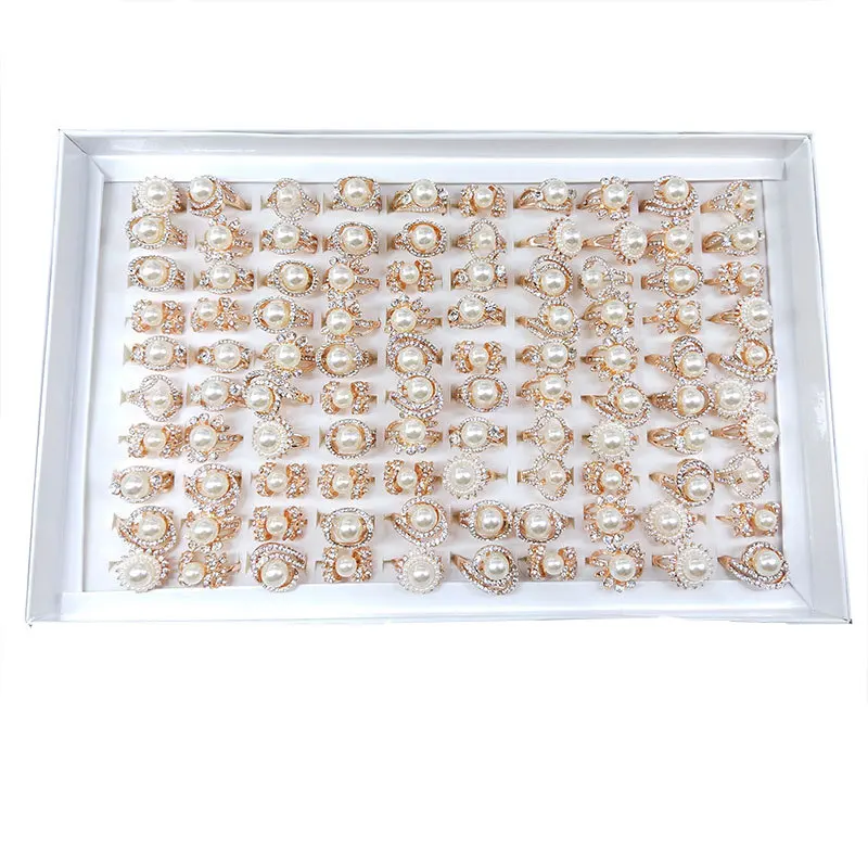 

100pcs/lot Mixed Rhinestone Pearl Geometric Gold Color Rings for Women Wedding Party Fashion Jewelry Gift Wholesale