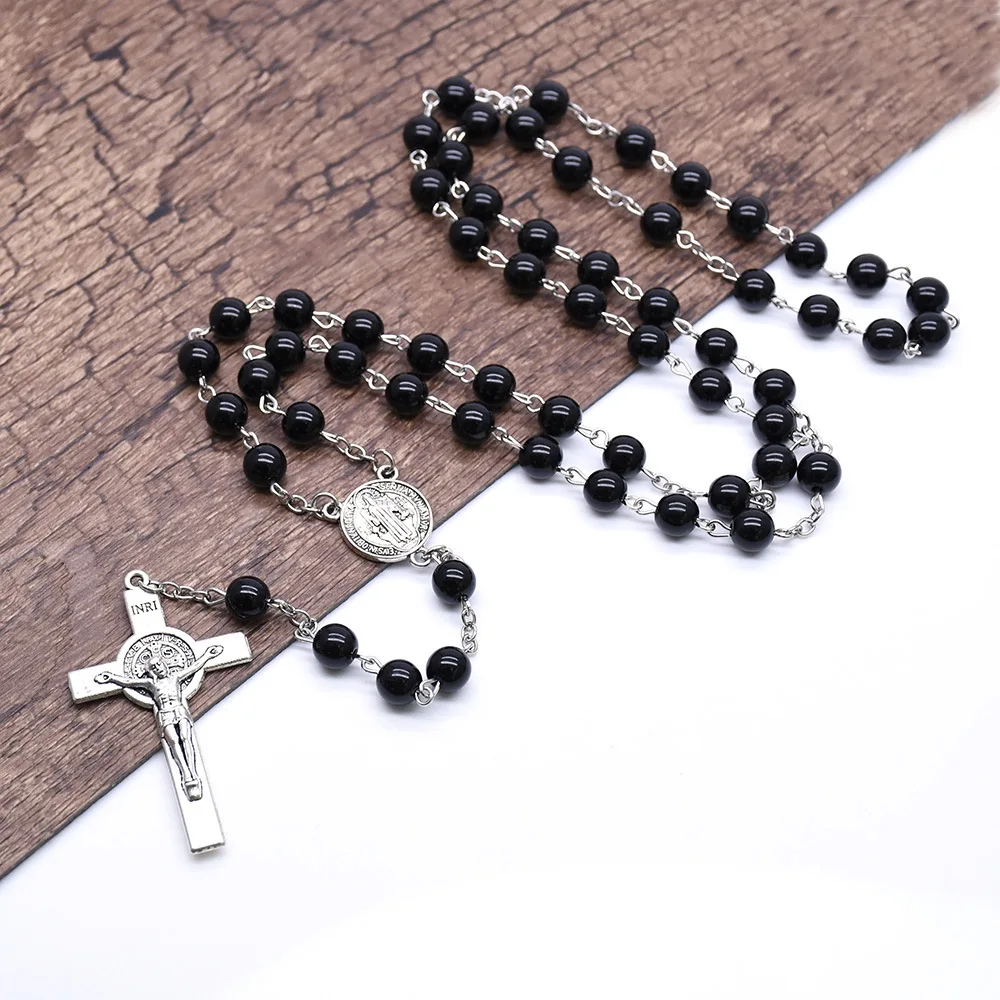 

Good Friday Cross Pendent for Men Women Bead Chain Black Acrylic Rosary Bead Necklace Catholic Worship Accessories Jewelry