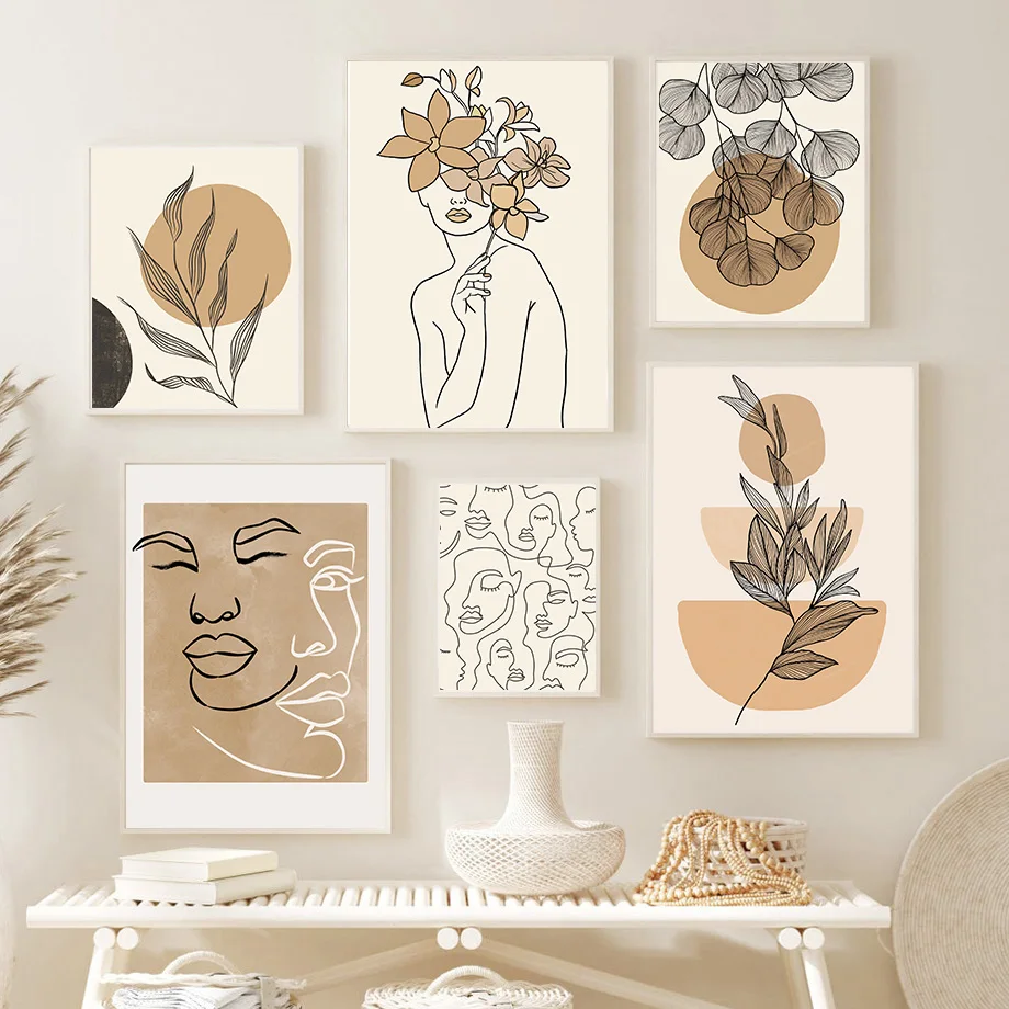 

Abstract Lines Face Girl Flower Sun Leaf Wall Art Canvas Painting Nordic Posters And Prints Wall Pictures For Living Room Decor