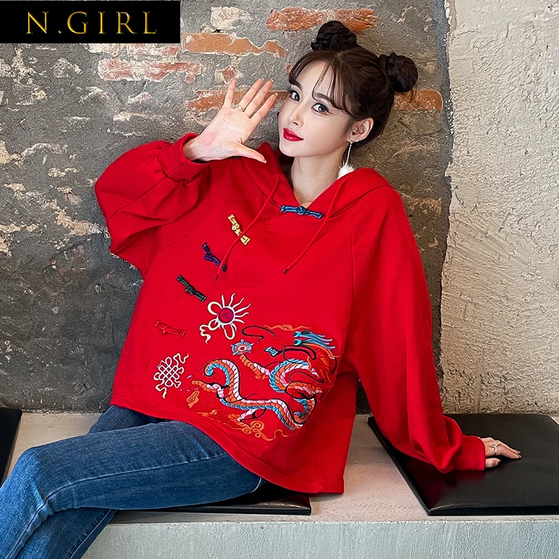 

N GIRLS New Vintage Embroidery Hooded Sweatshirt Women Long Sleeve Loose Chinese Style Buckle Casual Hoodies Pullover Top
