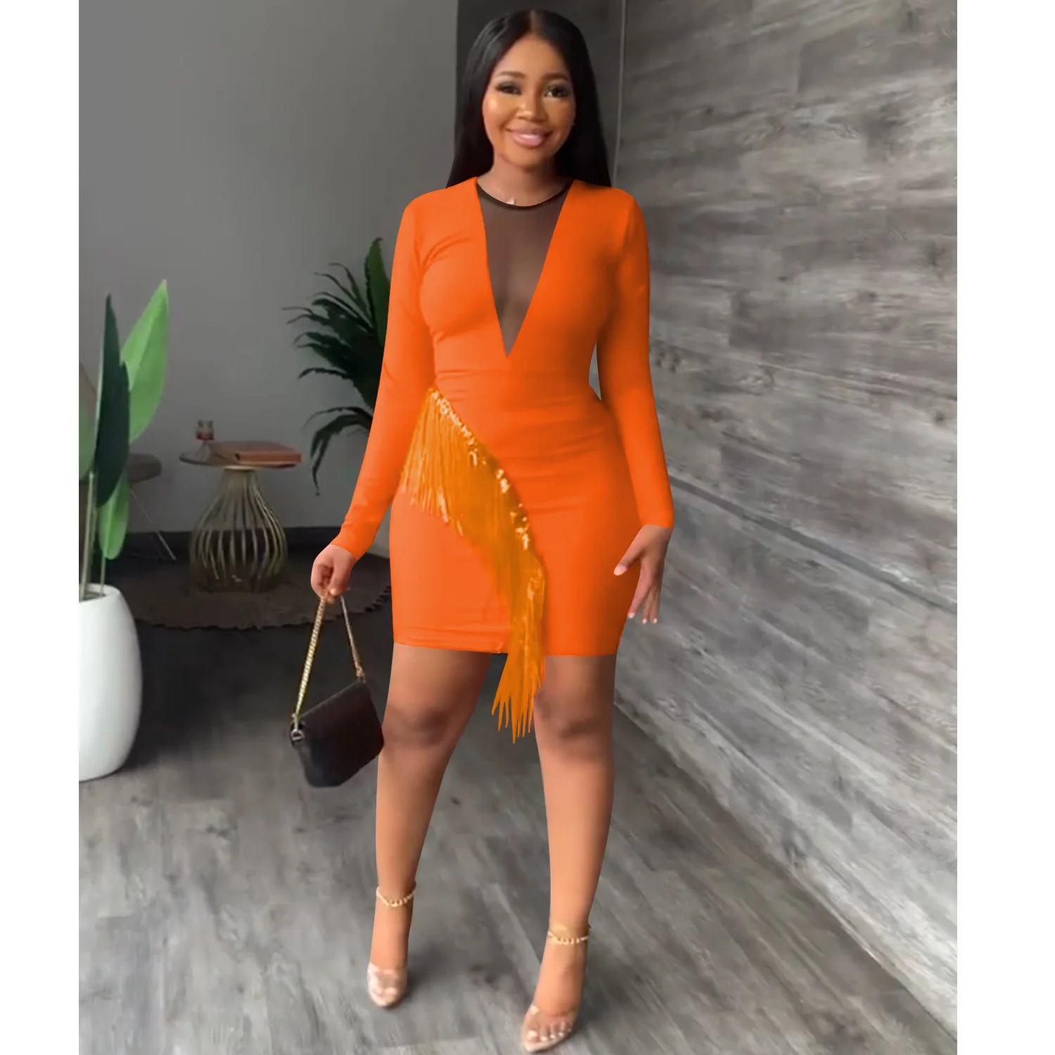 

Женское облегающее мини-платье с глубоким V-образным вырезом, Сетчатое прозрачное облегающее платье с длинным рукавом, Осенние сексуальные вечерние платья с кисточками для ночного клуба