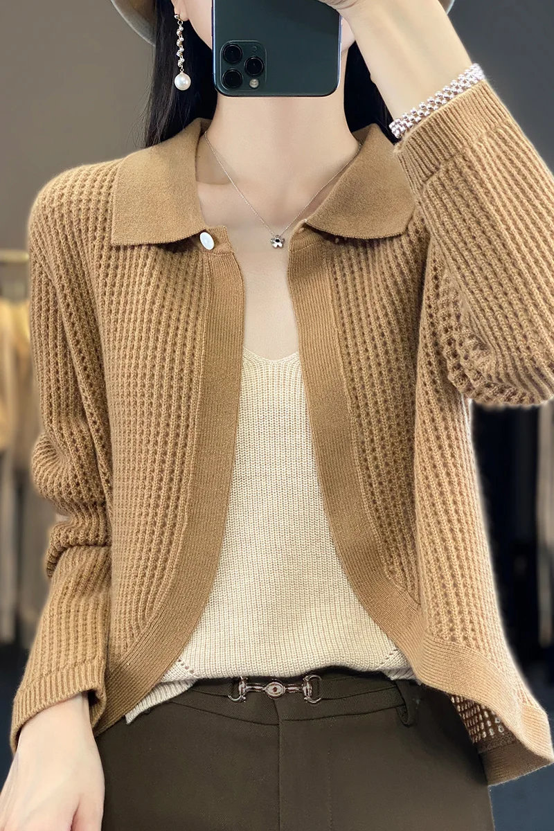

100% Merino Wool Sweater Short Lapel Collar Hollow Buttonless Cardigan 2023 Autumn And Winter New Women's Clothing