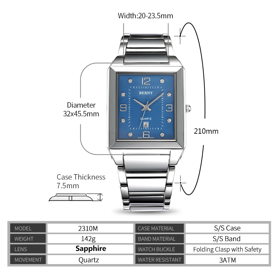 BERNY Quartz Watch for Men Tank Wristwatches Sapphire Business Watches Full Stainless Steel Tungsten steel Case Waterproof Watch