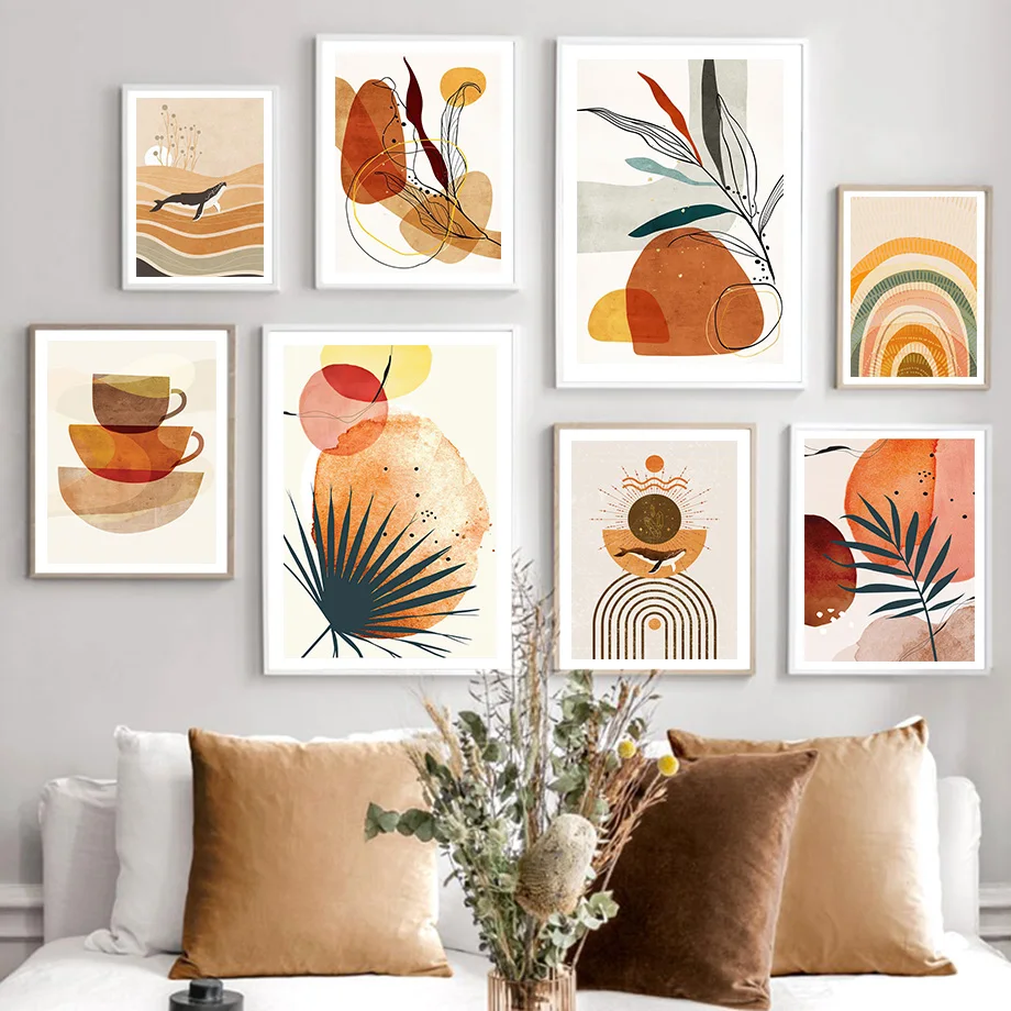 

Скандинавская настенная абстрактная художественная наклейка в стиле бохо, китов, радуги, пальмы, растений, плакаты, принты для гостиной, Кар...