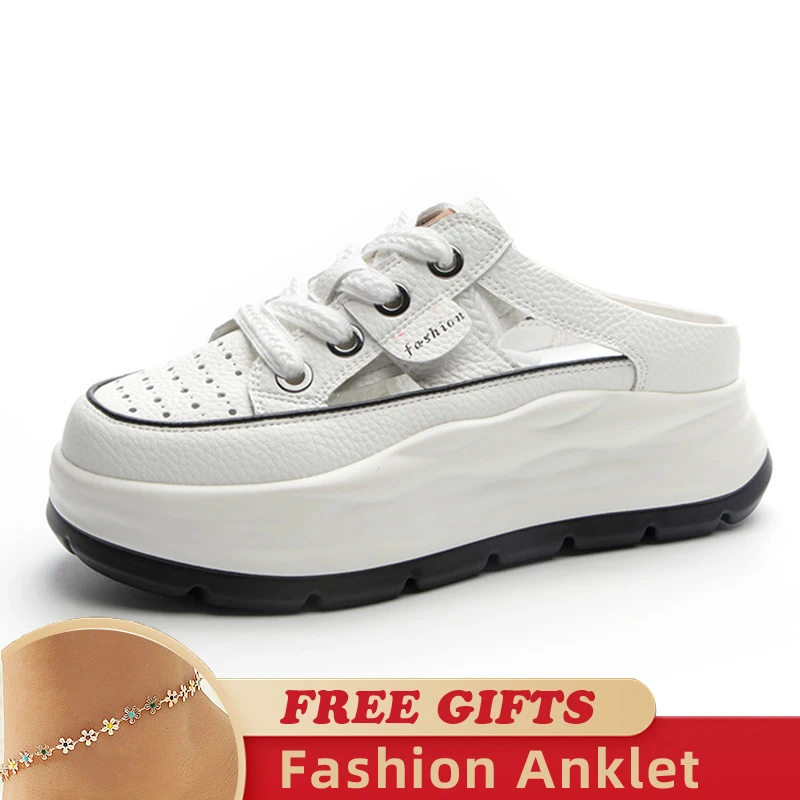 6CM Lace Rhinestone Decor Genuine Leather Slides Hollow Ladies Summer Breathable Ankle Boots Women Platform Sandals Wedge Shoes