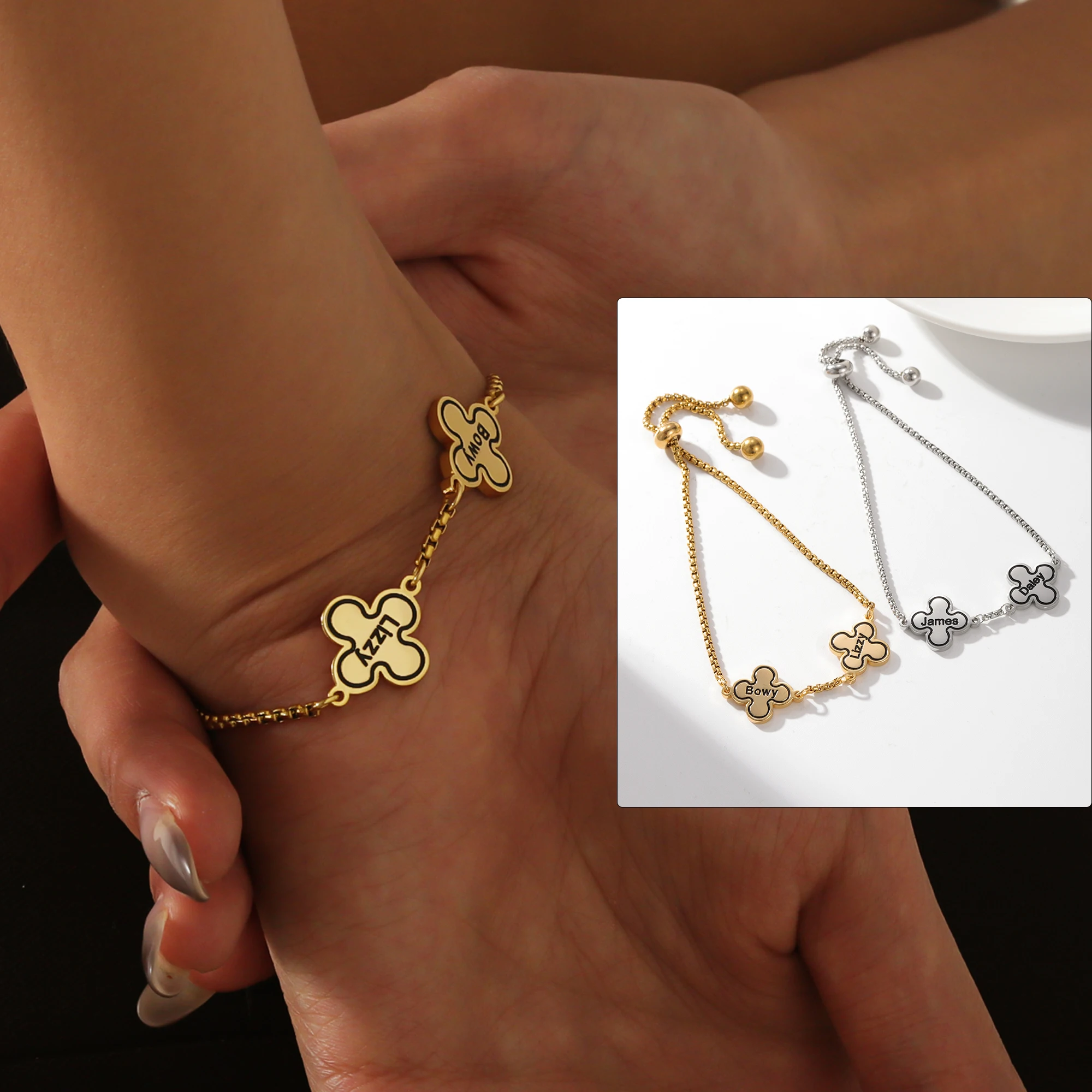 Браслет Qitian Clover с именем персонализированный браслет из нержавеющей стали