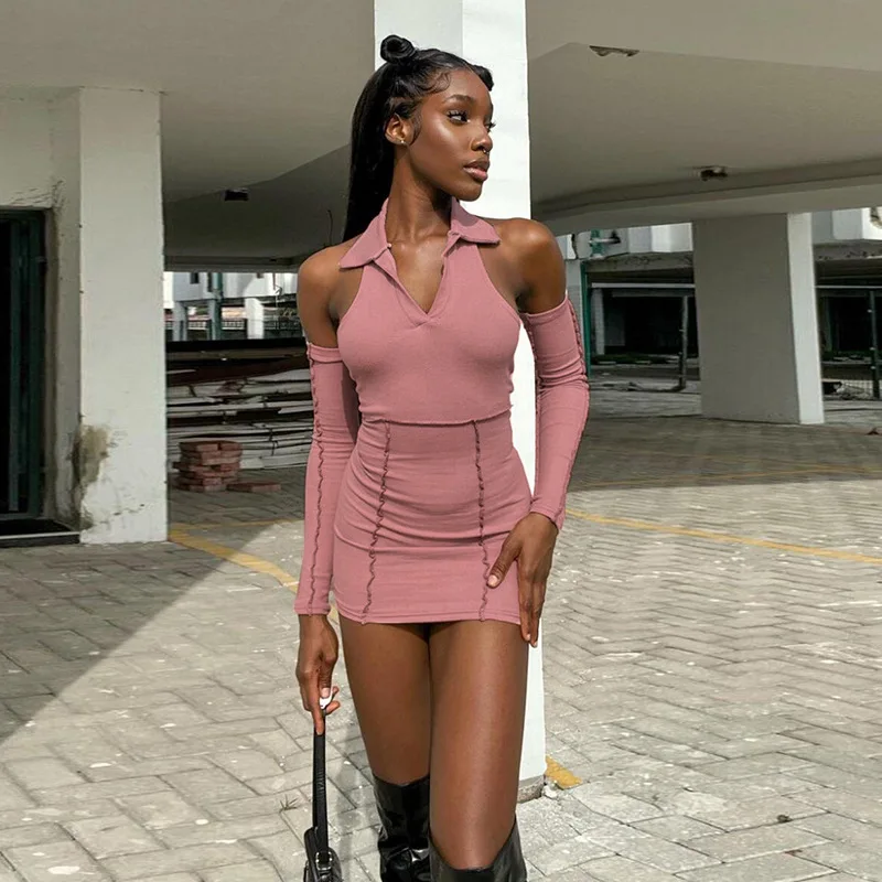 

Elegant Knitting Mini Dress Women Fashion Turn-down Collar Backless Bodycon Solid Clothing Matching Sleeve Streetwear Jurk