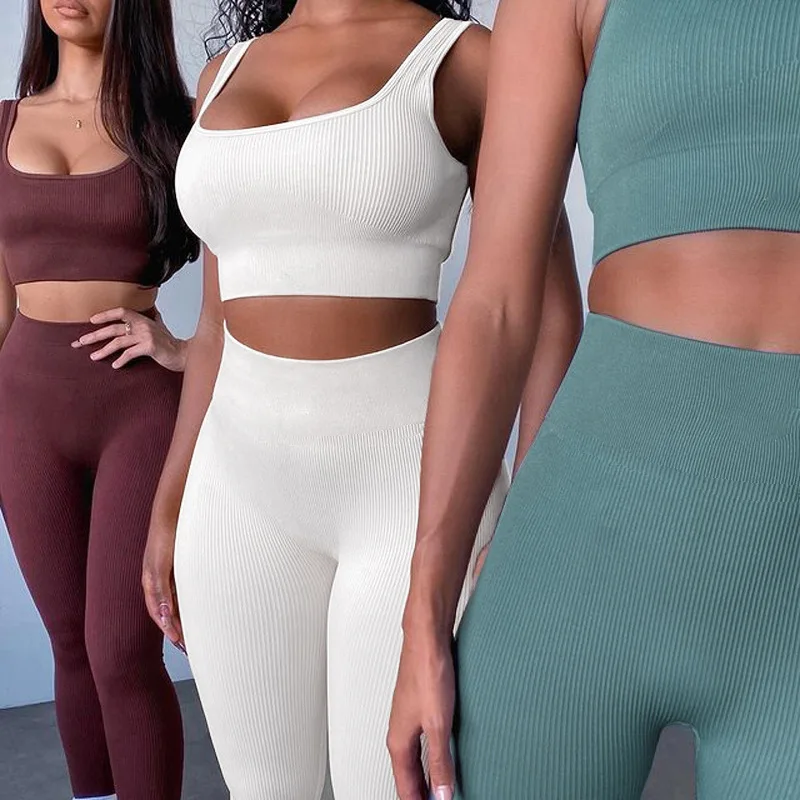 

White Yoga Sets Sport Femme Rib Activewear Set Girls Seamless Fitness Suit Workout Clothes Athletic Wear Women Seamless Gym Set