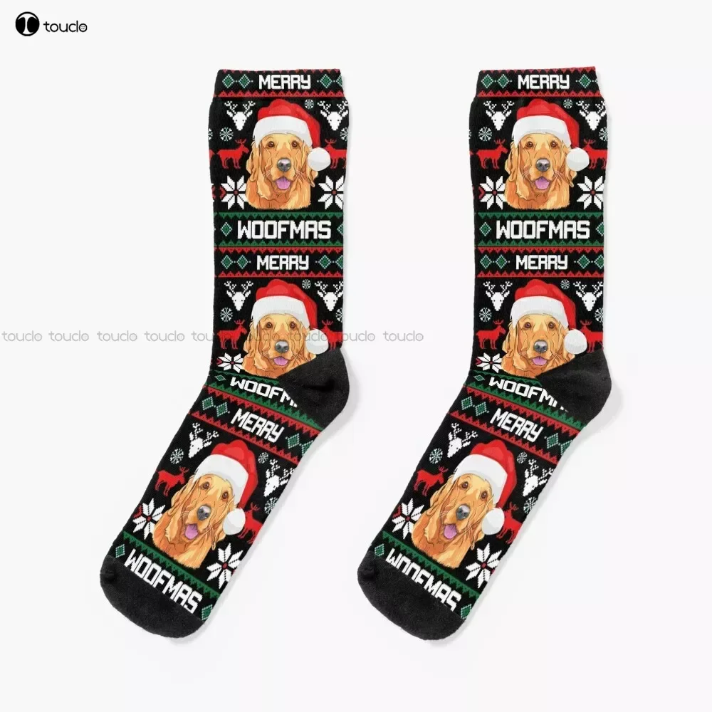 

Golden Retriever Merry Woofmas Christmas Goldie Dog Gift Socks Personalized Custom Unisex Adult Teen Youth Socks Custom Gift