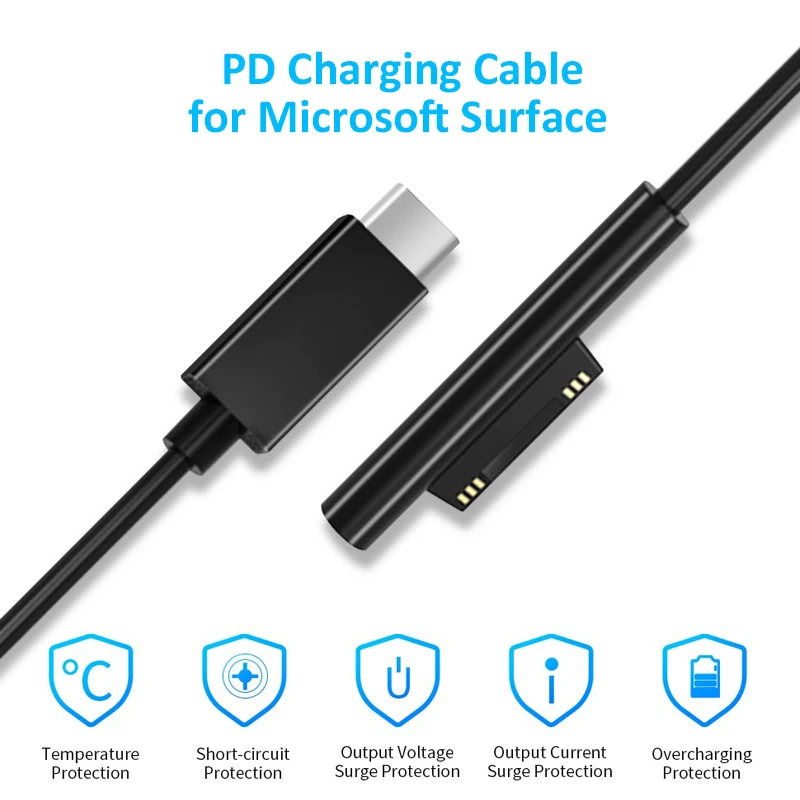 

1.8m USB Type C Power Supply Magnetic Head Charger 65W 15V PD Fast Charging Cable for Microsoft Surface Pro 3 4 5 6 GO book 2 1