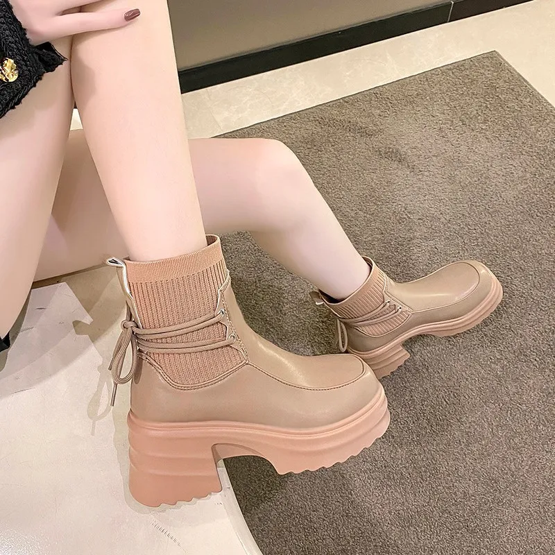 2023 Women Ankle Boots Chelsea Plush Warm Soft Sole Ladies Round Chunky Lace Up Winter Female Platform Shoes 35-39