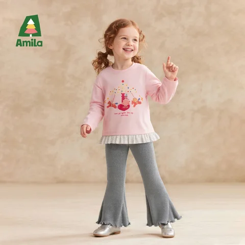 Топ с рюшами Amila для девочек, весенняя хлопковая футболка с длинными рукавами и мультяшным принтом, детский повседневный топ с оборками по подолу, розовый, белый, модный топ с рюшами для малышей