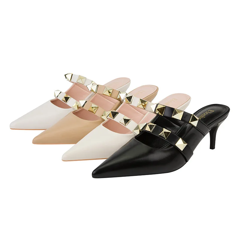 Lady Summer Fashion Metal High Heels Shallow Mouth Pointed Toe Sexy Clubs Thinner Roman Style Rivet Hollow-out Sandals for Women