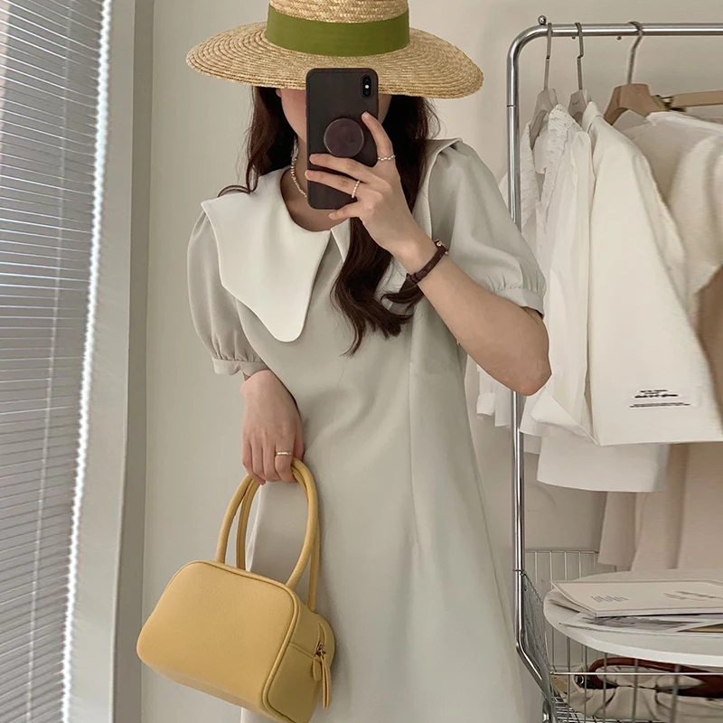 

Короткое платье ZCSMLL в Корейском стиле, элегантное яркое платье с застежкой на талии, с цветным блокировкой, с волнистой горловиной и пузырьк...